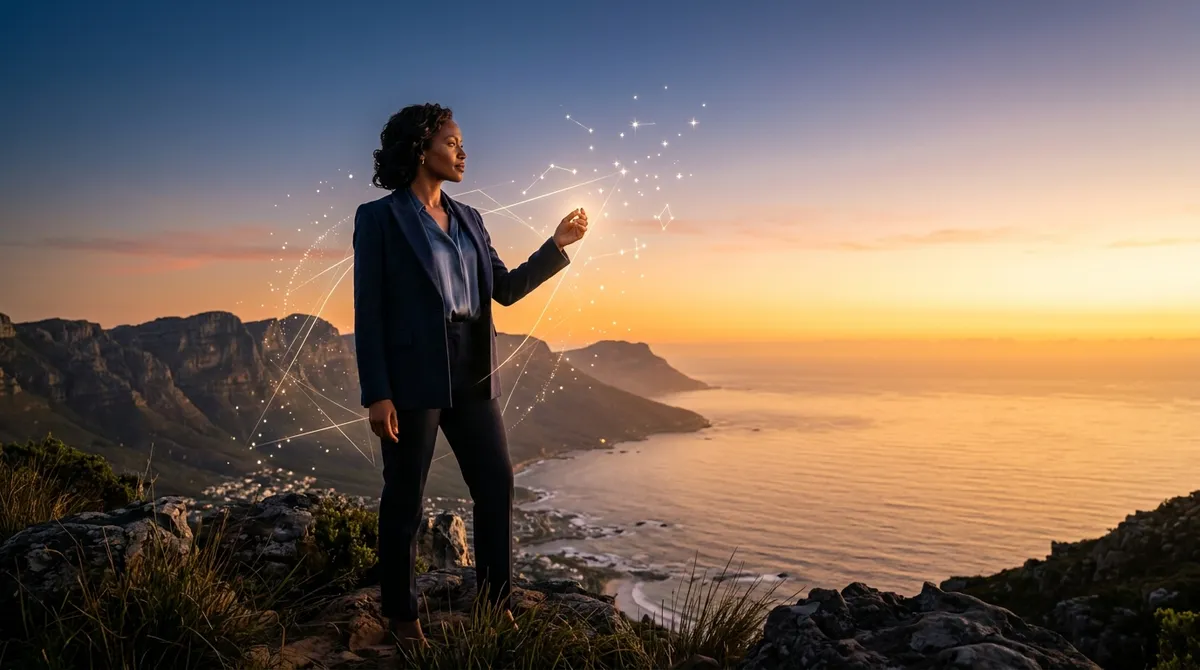 Líder executiva observando o horizonte ao amanhecer